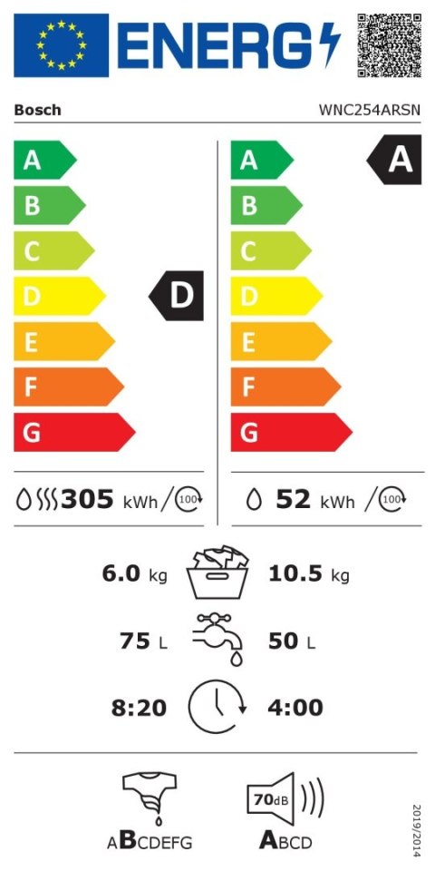 Bosch | Pralka | WNC254ARSN | Klasa efektywności energetycznej A/D | Ładowana od frontu | Pojemność prania 10,5 kg | 1400 obr/mi Bosch | Pralka | WNC254ARSN | Klasa efektywności energetycznej A/D | Ładowana od frontu | Pojemność prania 10,5 kg | 1400 obr/mi