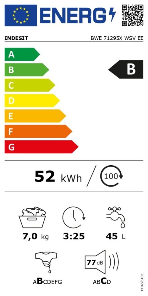 INDESIT | BWE 71295X WSV EE | Pralka | Klasa efektywności energetycznej B | Ładowanie przednie | Pojemność prania 7 kg | 1200 ob INDESIT | BWE 71295X WSV EE | Pralka | Klasa efektywności energetycznej B | Ładowanie przednie | Pojemność prania 7 kg | 1200 ob