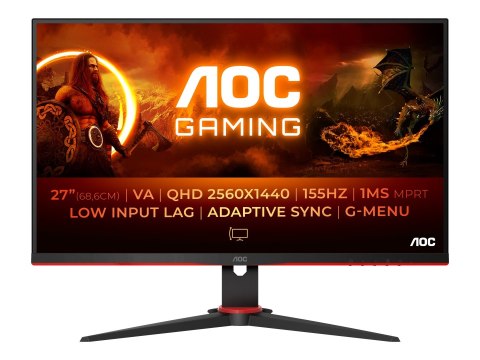 AOC | Monitor | Q27G2E/BK | 27 " | VA | QHD | 16:9 | 155 Hz | 1 ms | Nie | 2560 x 1440 | 250 cd/m² | Ilość portów HDMI 2 | Czarn AOC | Monitor | Q27G2E/BK | 27 " | VA | QHD | 16:9 | 155 Hz | 1 ms | Nie | 2560 x 1440 | 250 cd/m² | Ilość portów HDMI 2 | Czarn