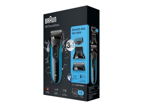 Braun | Golarka z trymerem | Series 3 Shave&Style 3010BT | Czas pracy (maks.) 45 min | Na mokro i sucho | NiMH | Czarny/Niebiesk Braun | Golarka z trymerem | Series 3 Shave&Style 3010BT | Czas pracy (maks.) 45 min | Na mokro i sucho | NiMH | Czarny/Niebiesk