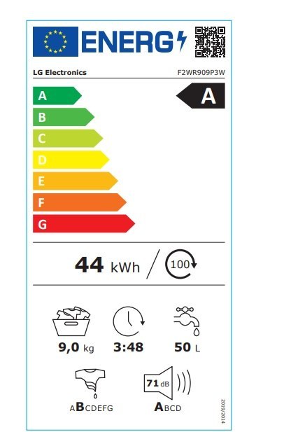 Pralka LG F2WR909P3W | Efektywność energetyczna A-10% | Pojemność 9 kg | Prędkość wirowania 1200 RPM | Klasa A++ | Funkcja pary Pralka LG F2WR909P3W | Efektywność energetyczna A-10% | Pojemność 9 kg | Prędkość wirowania 1200 RPM | Klasa A++ | Funkcja pary