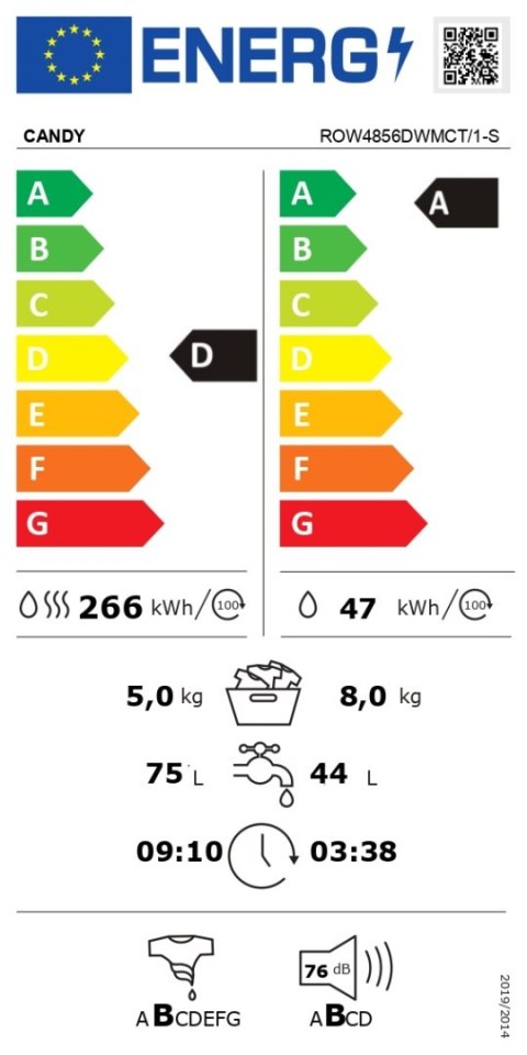 Candy | Pralka z suszarką | ROW4856DWMCT/1-S | Klasa efektywności energetycznej A | Ładowanie od przodu | Pojemność prania 8 kg Candy | Pralka z suszarką | ROW4856DWMCT/1-S | Klasa efektywności energetycznej A | Ładowanie od przodu | Pojemność prania 8 kg