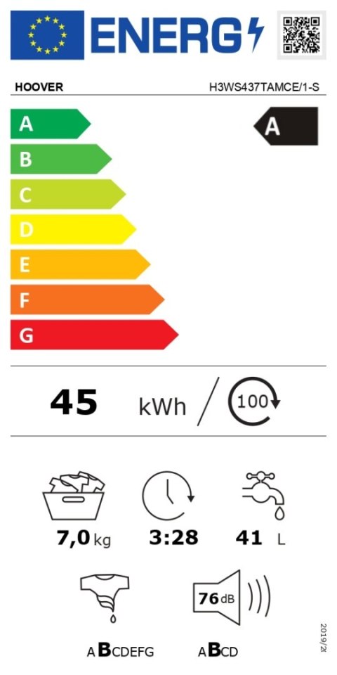Hoover | Pralka | H3WS437TAMCE/1-S | Klasa efektywności energetycznej A | Ładowanie od przodu | Pojemność prania 7 kg | 1300 obr Hoover | Pralka | H3WS437TAMCE/1-S | Klasa efektywności energetycznej A | Ładowanie od przodu | Pojemność prania 7 kg | 1300 obr