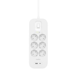Listwa zasilająca Belkin Power Surge 6-PORT + 1xUSB-A +1xUSB-C 2.4A PD 650J 2m White Schuko