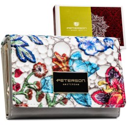 Wielokolorowy portfel damski ze skóry naturalnej zamykany zatrzaskiem i biglem - Peterson