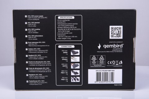 GEMBIRD ZASILACZ KOMPUTEROWY PSU80P-BBP-600 80+BRONZE ATX, 600W, AKTYWNE PFC, 12CM WENTYLATOR