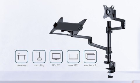 GEMBIRD BIURKOWE REGULOWANE RAMIĘ/UCHWYT NA MONITOR + PODSTAWKA NA NOTEBOOKA 17-32, VESA 100X100MM, DO 8 KG GEMBIRD BIURKOWE REGULOWANE RAMIĘ/UCHWYT NA MONITOR + PODSTAWKA NA NOTEBOOKA 17-32, VESA 100X100MM, DO 8 KG