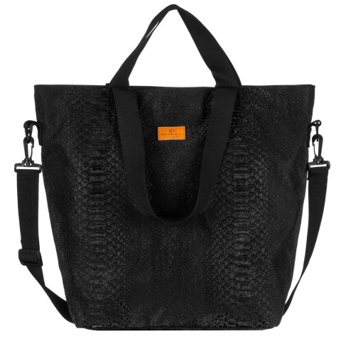 Duży shopper damski z poliestru w czarnym kolorze pokryty zwierzęcym wzorem - Rovicky Duży shopper damski z poliestru w czarnym kolorze pokryty zwierzęcym wzorem - Rovicky