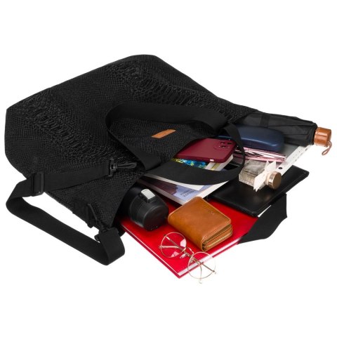 Duży shopper damski z poliestru w czarnym kolorze pokryty zwierzęcym wzorem - Rovicky Duży shopper damski z poliestru w czarnym kolorze pokryty zwierzęcym wzorem - Rovicky