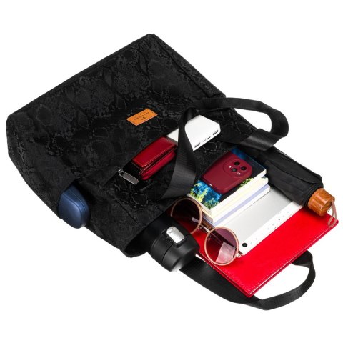 Czarny shopper damski z poliestru zawieszony na wygodnych uchwytach - Rovicky Czarny shopper damski z poliestru zawieszony na wygodnych uchwytach - Rovicky
