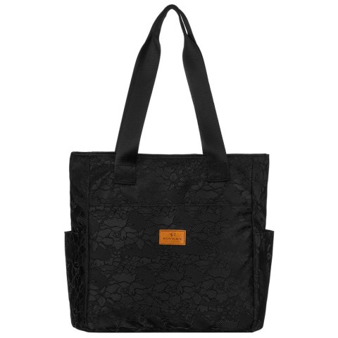 Czarny shopper damski z poliestru zawieszony na wygodnych uchwytach z zewnętrzną kieszonką na suwak - Rovicky Czarny shopper damski z poliestru zawieszony na wygodnych uchwytach z zewnętrzną kieszonką na suwak - Rovicky