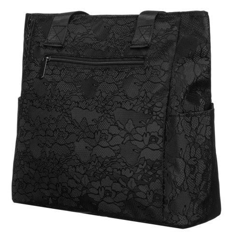 Czarny shopper damski z poliestru zawieszony na wygodnych uchwytach z zewnętrzną kieszonką na suwak - Rovicky Czarny shopper damski z poliestru zawieszony na wygodnych uchwytach z zewnętrzną kieszonką na suwak - Rovicky