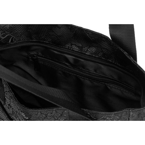 Czarny shopper damski z poliestru zawieszony na wygodnych uchwytach z zewnętrzną kieszonką na suwak - Rovicky Czarny shopper damski z poliestru zawieszony na wygodnych uchwytach z zewnętrzną kieszonką na suwak - Rovicky