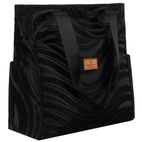 Duży shopper damski z poliestru w czarnym kolorze pokryty falistym wzorem - Rovicky Duży shopper damski z poliestru w czarnym kolorze pokryty falistym wzorem - Rovicky