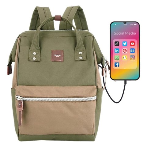 Zielono-brązowy, wodoodporny plecak na laptopa z portem USB - Himawari Zielono-brązowy, wodoodporny plecak na laptopa z portem USB - Himawari