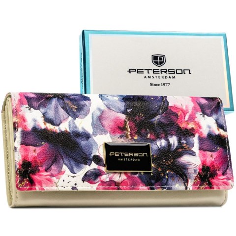 Elegancki portfel damski w kwiaty wykonany ze skóry naturalnej i ekologicznej zamykany zatrzaskiem - Peterson Elegancki portfel damski w kwiaty wykonany ze skóry naturalnej i ekologicznej zamykany zatrzaskiem - Peterson