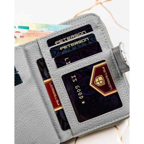 Pojemny, białoniebieski portfel damski ze skóry naturalnej z systemem RFID - Peterson Pojemny, białoniebieski portfel damski ze skóry naturalnej z systemem RFID - Peterson