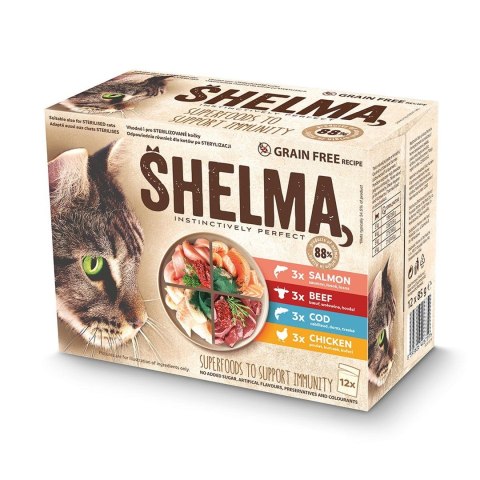 SHELMA saszetka - pełnoporcjowa bezzbożowa karma dla dorosłych kotów. Z kurczakiem, wołowiną, łososiem, dorszem 12x 85 g SHELMA saszetka - pełnoporcjowa bezzbożowa karma dla dorosłych kotów. Z kurczakiem, wołowiną, łososiem, dorszem 12x 85 g