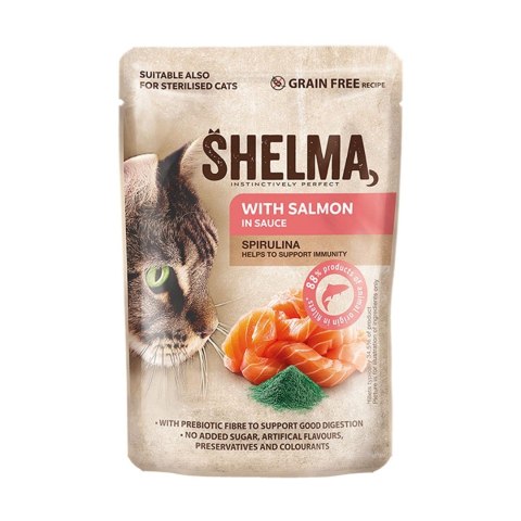 SHELMA saszetka - pełnoporcjowa bezzbożowa karma dla dorosłych kotów. Z łososiem, dorszem, wołowiną i kurczakiem 4x85g SHELMA saszetka - pełnoporcjowa bezzbożowa karma dla dorosłych kotów. Z łososiem, dorszem, wołowiną i kurczakiem 4x85g