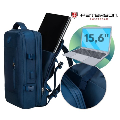 Plecak podróżny wykonany z cordury w granatowym kolorze, wyposażony w port USB - Peterson Plecak podróżny wykonany z cordury w granatowym kolorze, wyposażony w port USB - Peterson