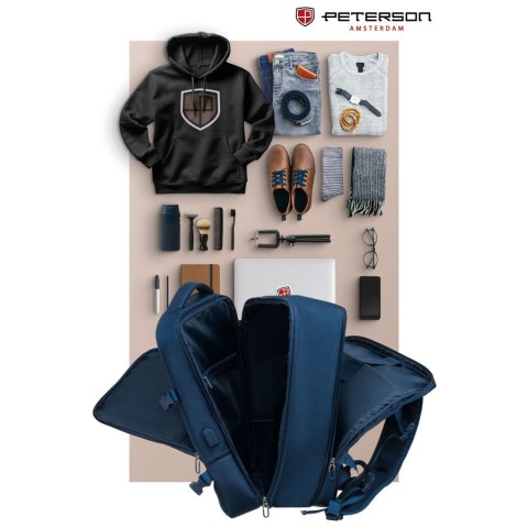 Plecak podróżny wykonany z cordury w granatowym kolorze, wyposażony w port USB - Peterson Plecak podróżny wykonany z cordury w granatowym kolorze, wyposażony w port USB - Peterson