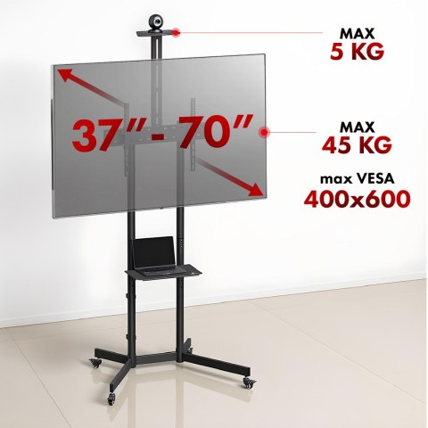 MACLEAN STAND / WÓZEK DO TV, PÓŁKA NA KAMERĘ, NA KÓŁKACH, 37-70", MAX. OBCIĄŻENIE 45KG/5KG PÓŁKA, MAX. VESA 600X400 MC-113 B MACLEAN STAND / WÓZEK DO TV, PÓŁKA NA KAMERĘ, NA KÓŁKACH, 37-70", MAX. OBCIĄŻENIE 45KG/5KG PÓŁKA, MAX. VESA 600X400 MC-113 B