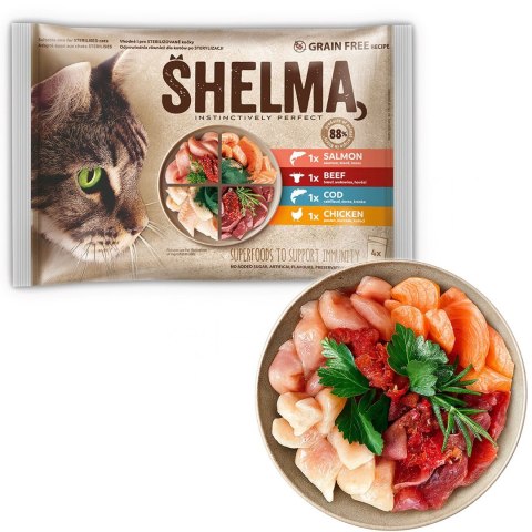 SHELMA saszetka - pełnoporcjowa bezzbożowa karma dla dorosłych kotów. Z łososiem, dorszem, wołowiną i kurczakiem 4x85g SHELMA saszetka - pełnoporcjowa bezzbożowa karma dla dorosłych kotów. Z łososiem, dorszem, wołowiną i kurczakiem 4x85g