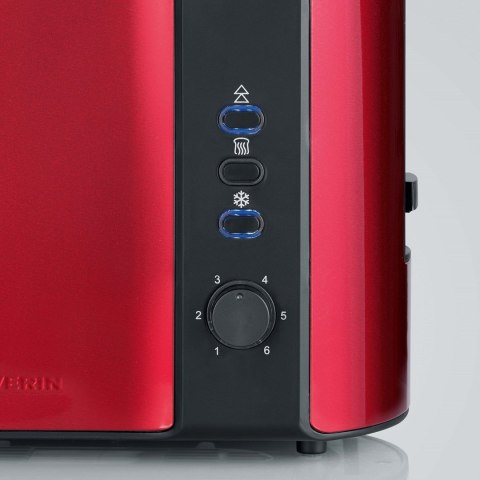 SEVERIN TOSTER CZERWONY, STAL NIERDZEWNA, 2 KROMKI, PRZYCISK ROZMRAŻANIA, ELEKTR. KONTR. OPIEKANIA, MOC 800W AT2217