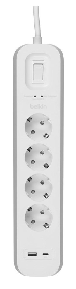 Listwa zasilająca Belkin Power Surge 4-PORT + 1xUSB-A +1xUSB-C 2.4A PD 525J 2m White Schuko