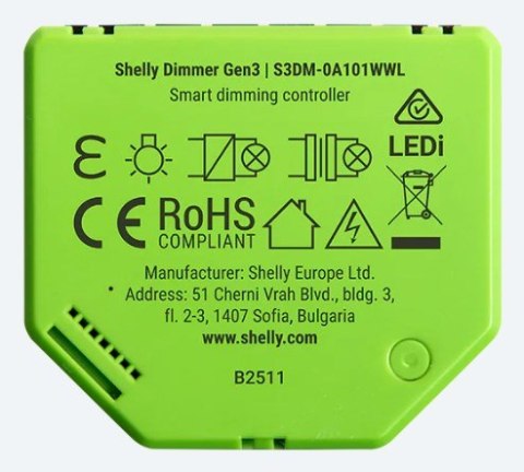 Ściemniacz oświetlenia LED z WiFi Shelly Dimmer Gen3 Ściemniacz oświetlenia LED z WiFi Shelly Dimmer Gen3