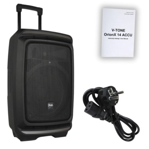 V-TONE OrionX 14 ACCU - Kolumna aktywna akumulatorowa czarna, Bluetooth, TWS, USB, AUX, FM, DSP, wysuwana rączka, kółka transpor