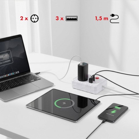 MACLEAN LISTWA ZASILAJĄCA, PRZEDŁUŻACZ 2 GNIAZDA + 3XUSB, 110-240V AC 50/60HZ, 2.1A MAX 2500W, 1.5M, BIAŁA MCE387 W