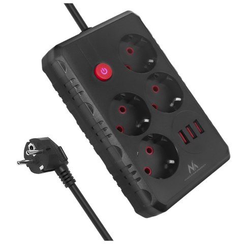 MACLEAN LISTWA ZASILAJĄCA, PRZEDŁUŻACZ 4 GNIAZDA + 3XUSB, 110-240V AC 50/60HZ, 2.1A MAX 2500W, 1,5M, CZARNA MCE392 B